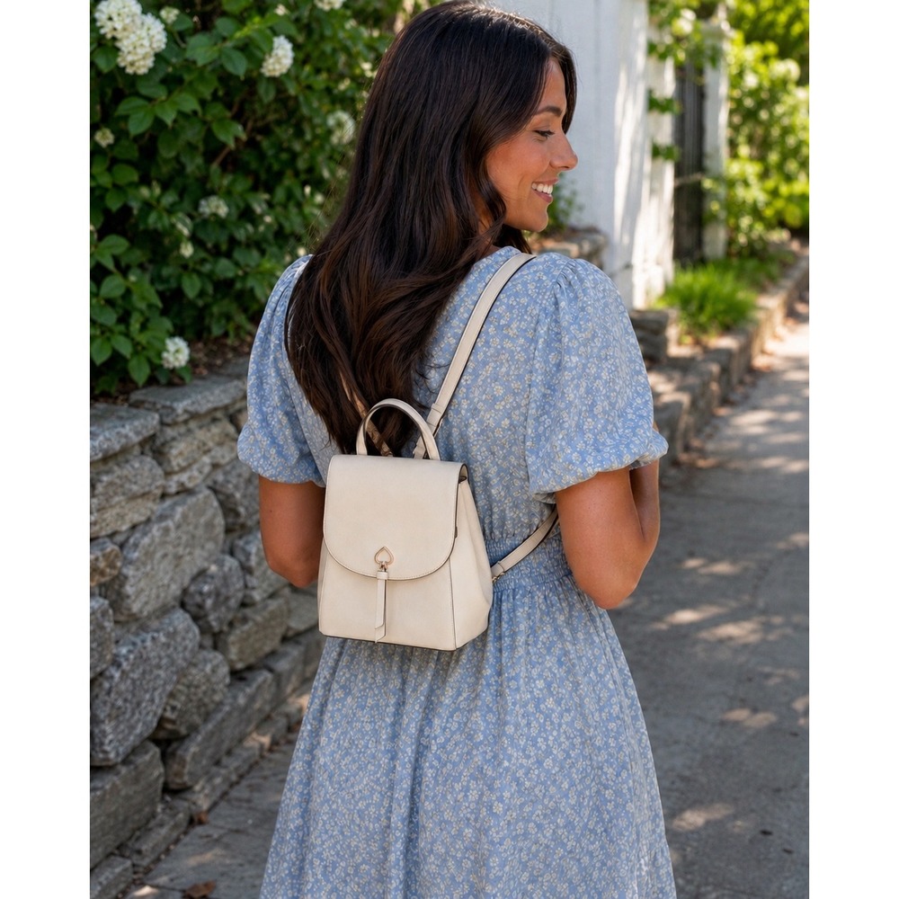 Kate Spade Cream Leather Adel Flap Backpack Designer Bag Luxury Travel  Neutral - Picture 2 of 16